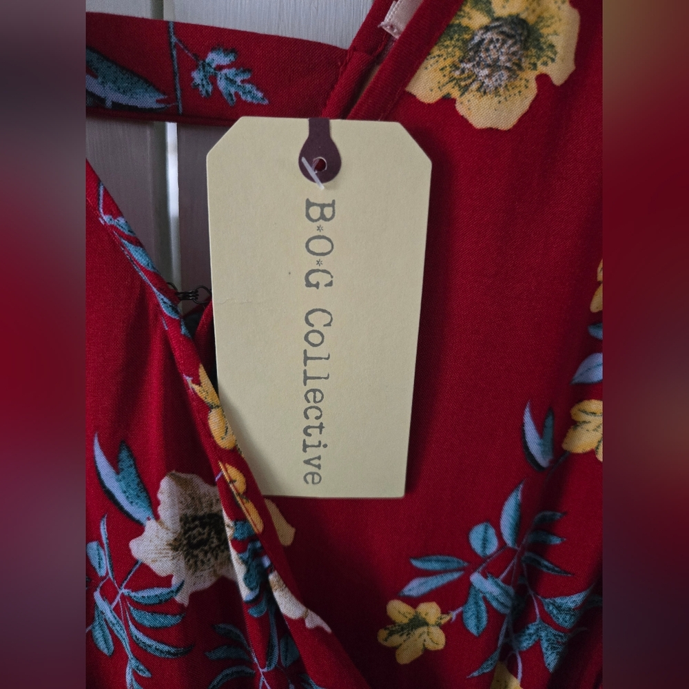B.O.G. Collective Red Floral Faux Wrap Mini Dress Boho RUNS SMALL - Picture 8 of 12